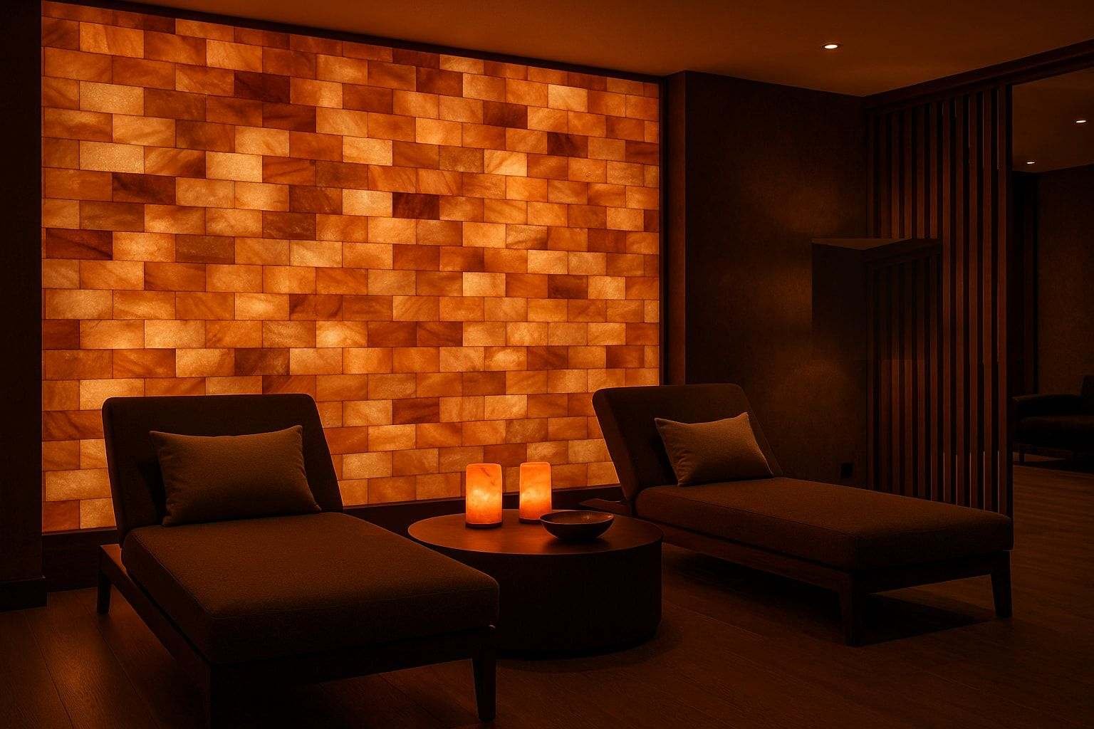 Backlit Himalayan salt brick wall glowing amber in a lounge