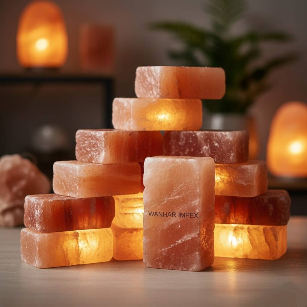 Stack of Himalayan salt bricks engraved with the Wanhar Impex name