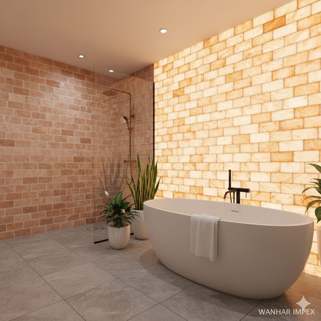 Luxurious bathroom with Himalayan salt walls and freestanding tub