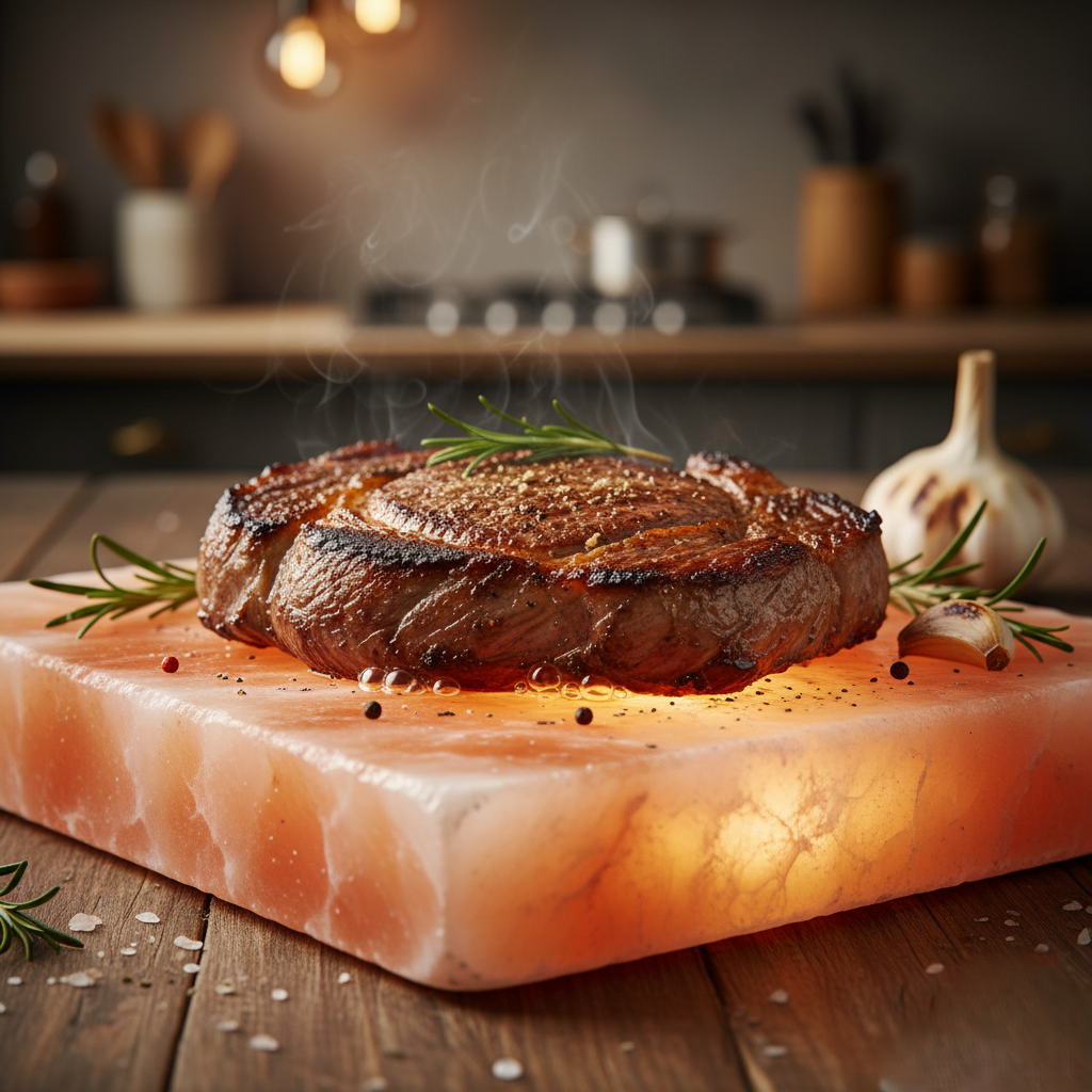 Himalayan salt cooking block with seared steak