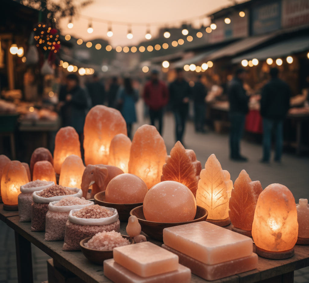 Market display of carved salt lamps and crystals