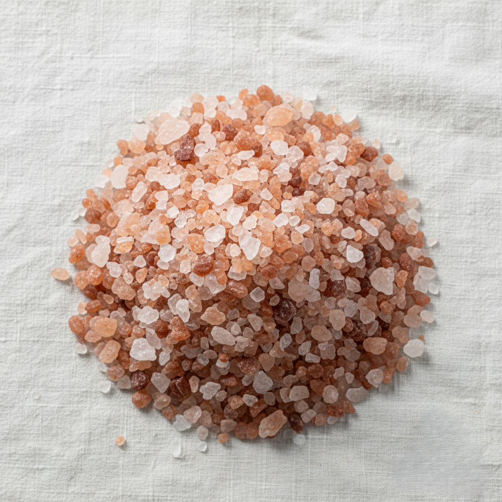 Close-up view of Himalayan pink salt crystals showing natural mineral variations
