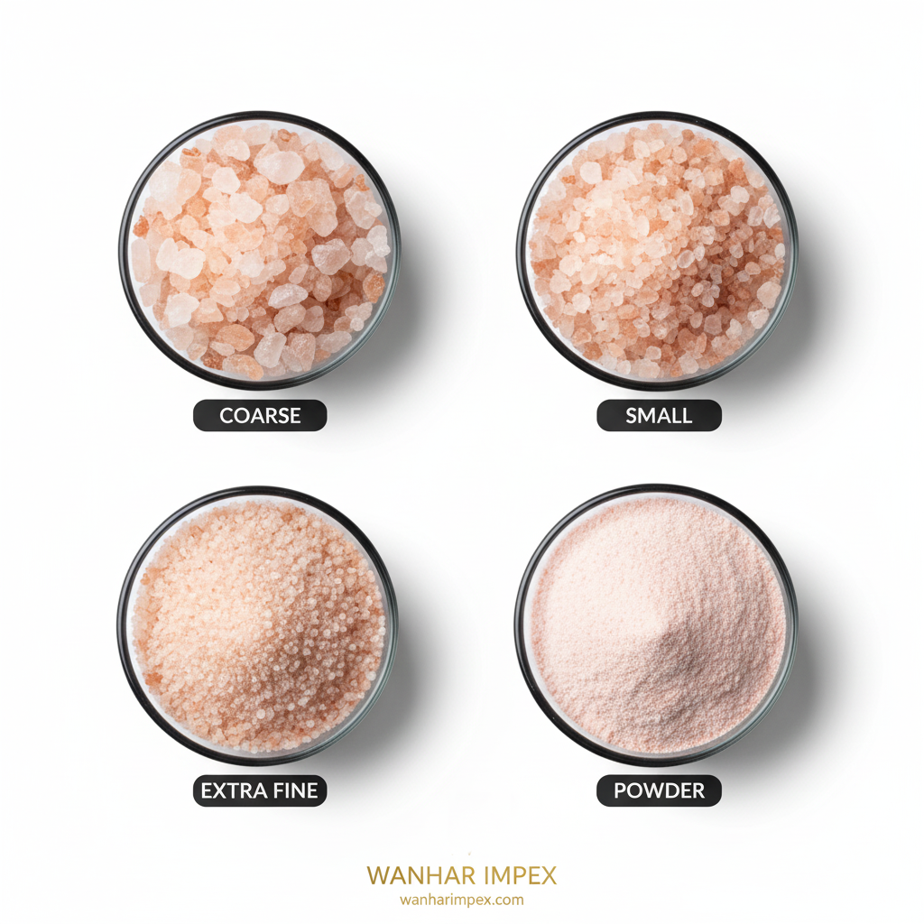 Four bowls showing different Himalayan salt grind sizes