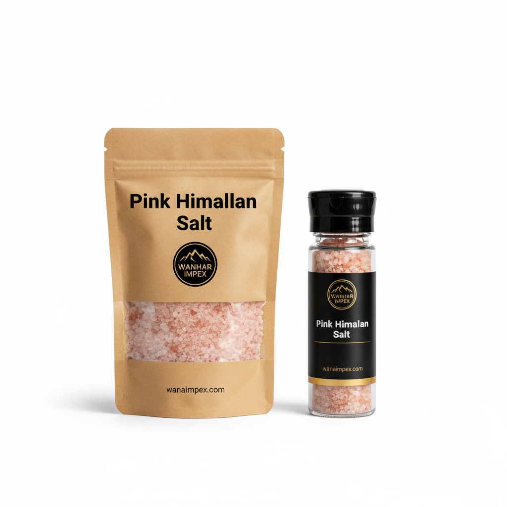 Himalayan salt in kraft paper pouch and glass grinder bottle