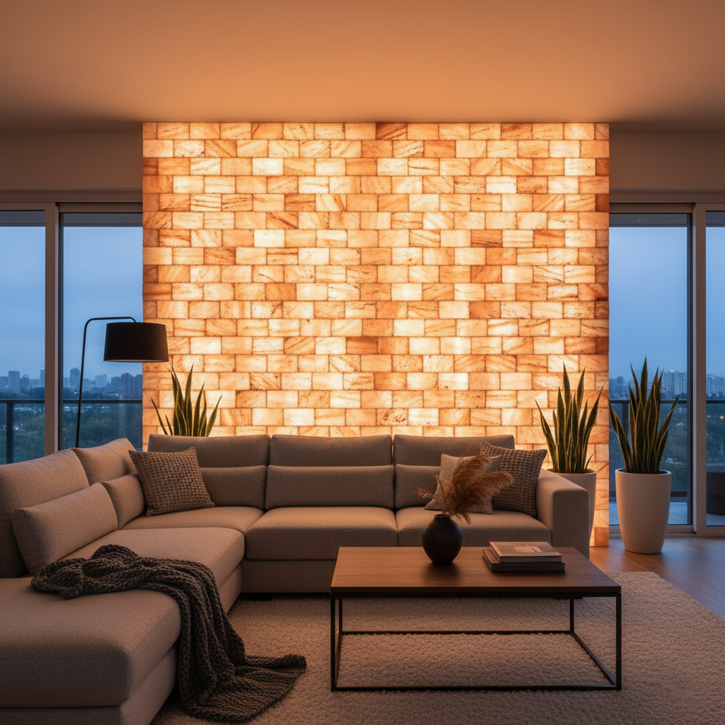 Living room with backlit Himalayan salt wall